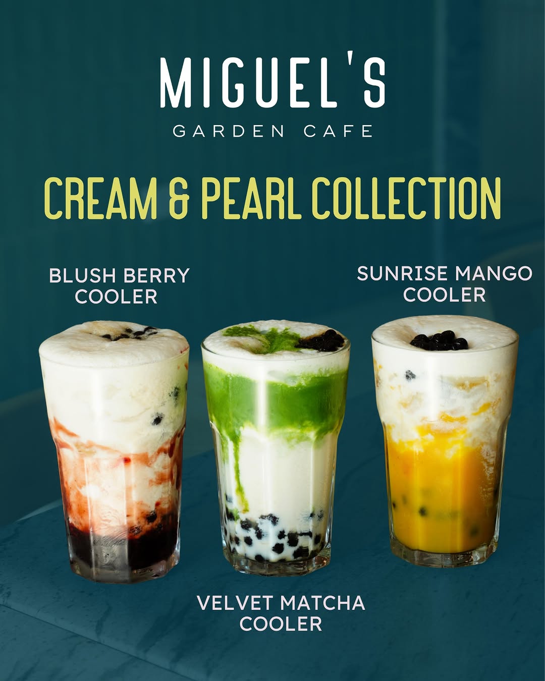 Miguel's Cream and Pearl Collection — Blush Berry, Velvet Matcha, and Sunrise Mango Coolers
